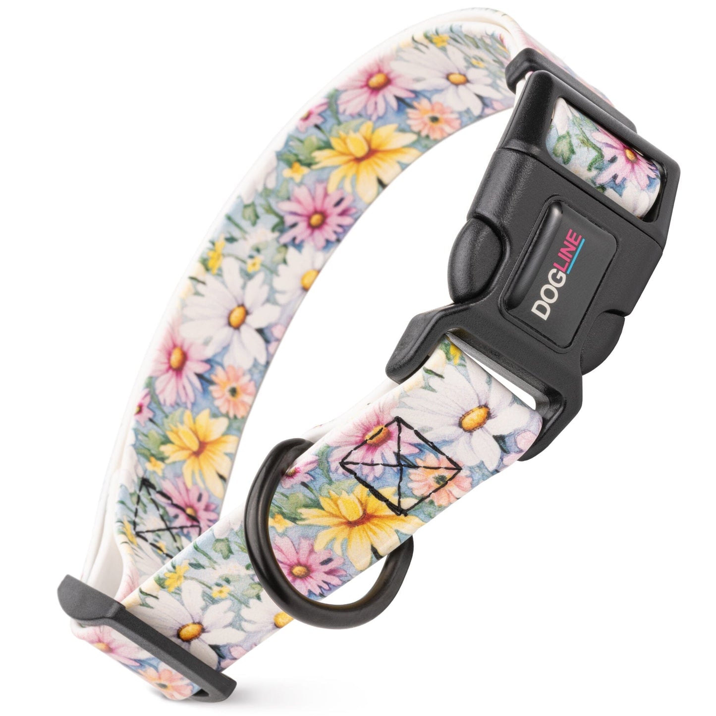 Dogline Biothane Full Color Design Printed Dog Collar with Quick Release Buckle Watercolor Daisies W 3 4" x L 12"-19" Dog Collars Dogline