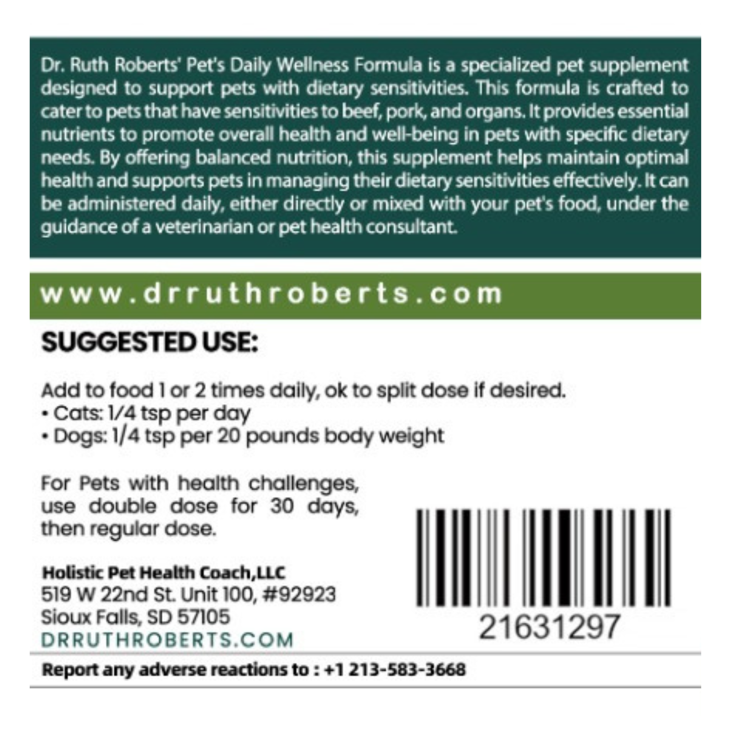 Pet's Daily Wellness Formula - For Pets With Pork/Beef Allergy Vitamins & Supplements Dr. Ruth Roberts
