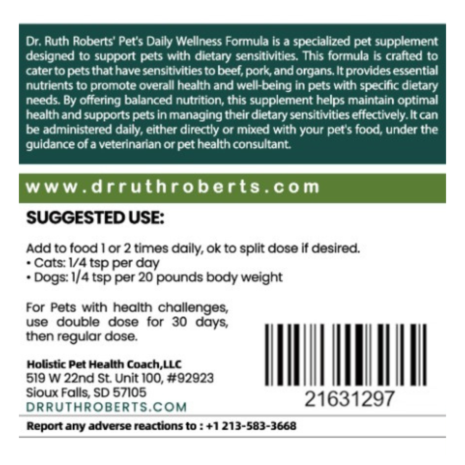 Pet's Daily Wellness Formula - For Pets With Pork/Beef Allergy Vitamins & Supplements Dr. Ruth Roberts