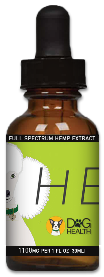 Image of a tincture with a yellow label for Hemp Extract (Dog Health) 