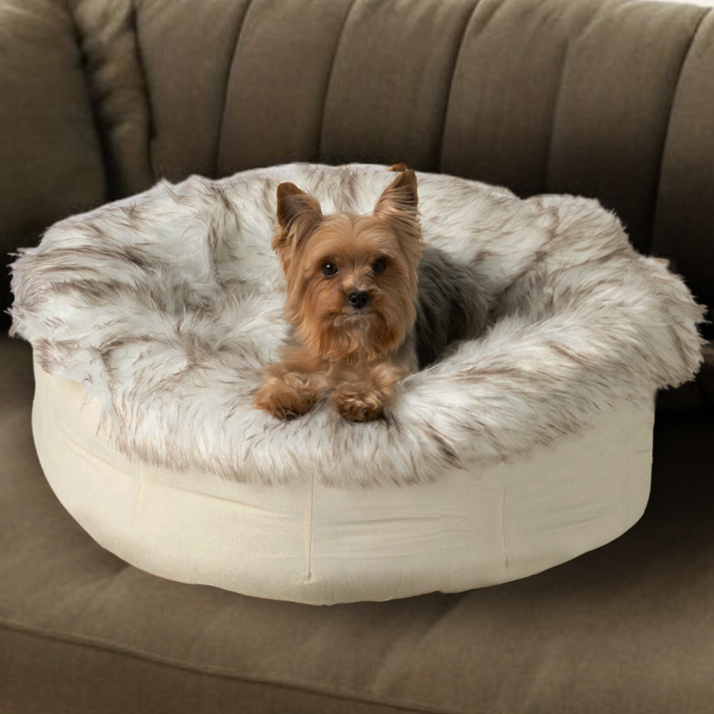 PupPouf™ Faux Fur Donut Dog Bed - White with Brown Accents Dog Beds Paw