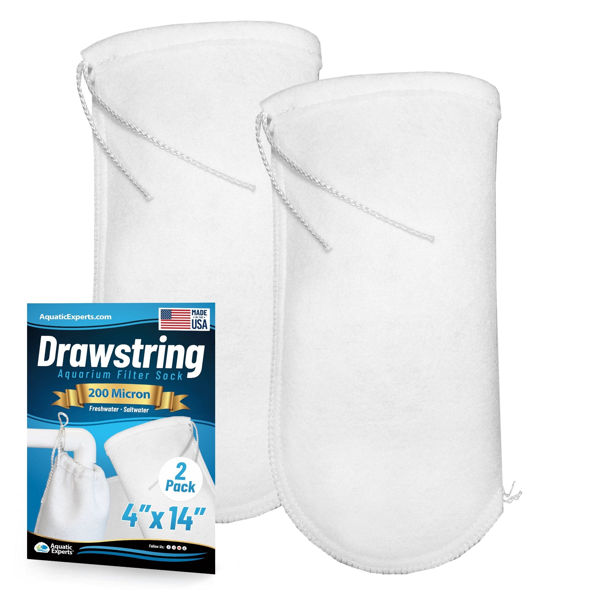 Aquatic Experts Drawstring Filter Sock 200 Micron for Saltwater & Reef AquariumsAquarium Filter Sock 200 Micron for Saltwater & Reef Aquariums 4" Opening 14" 2 pack Aquatic Experts