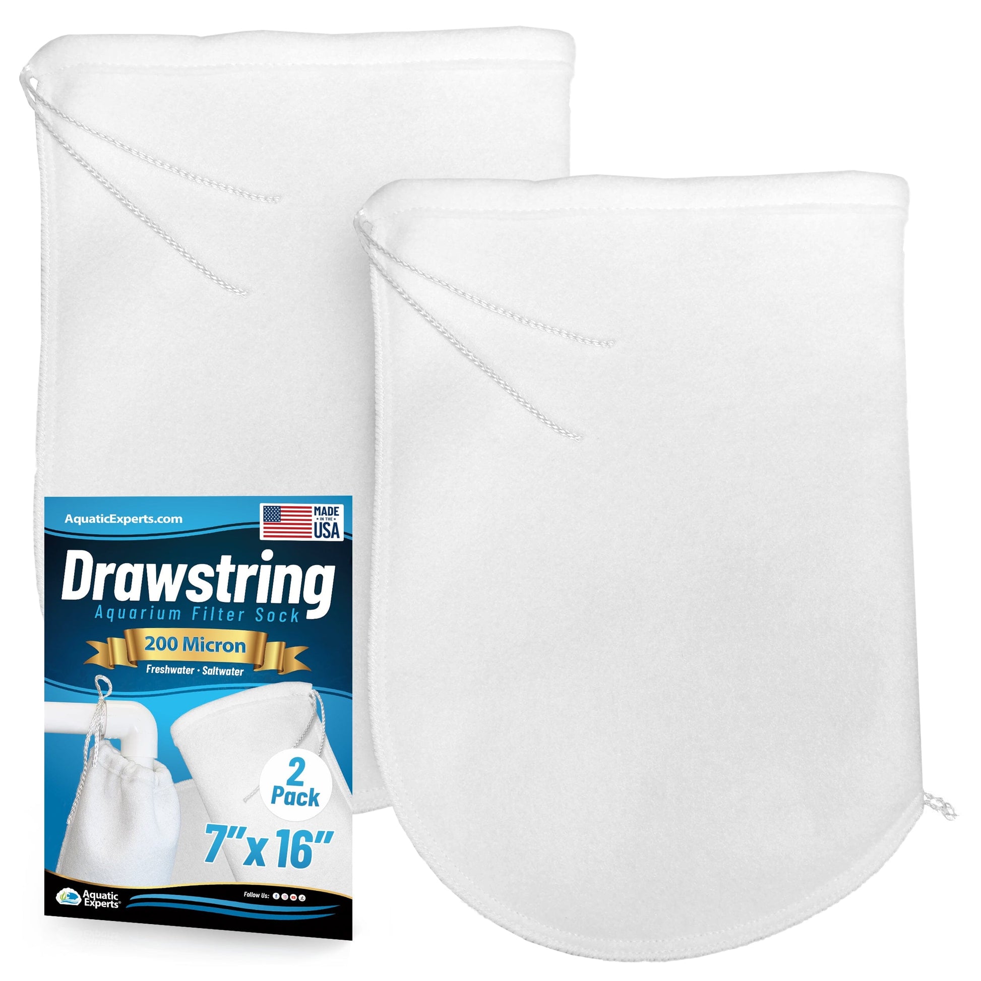 Aquatic Experts Drawstring Filter Sock 200 Micron for Saltwater & Reef AquariumsAquarium Filter Sock 200 Micron for Saltwater & Reef Aquariums 7" Opening 16" 2 pack Aquatic Experts