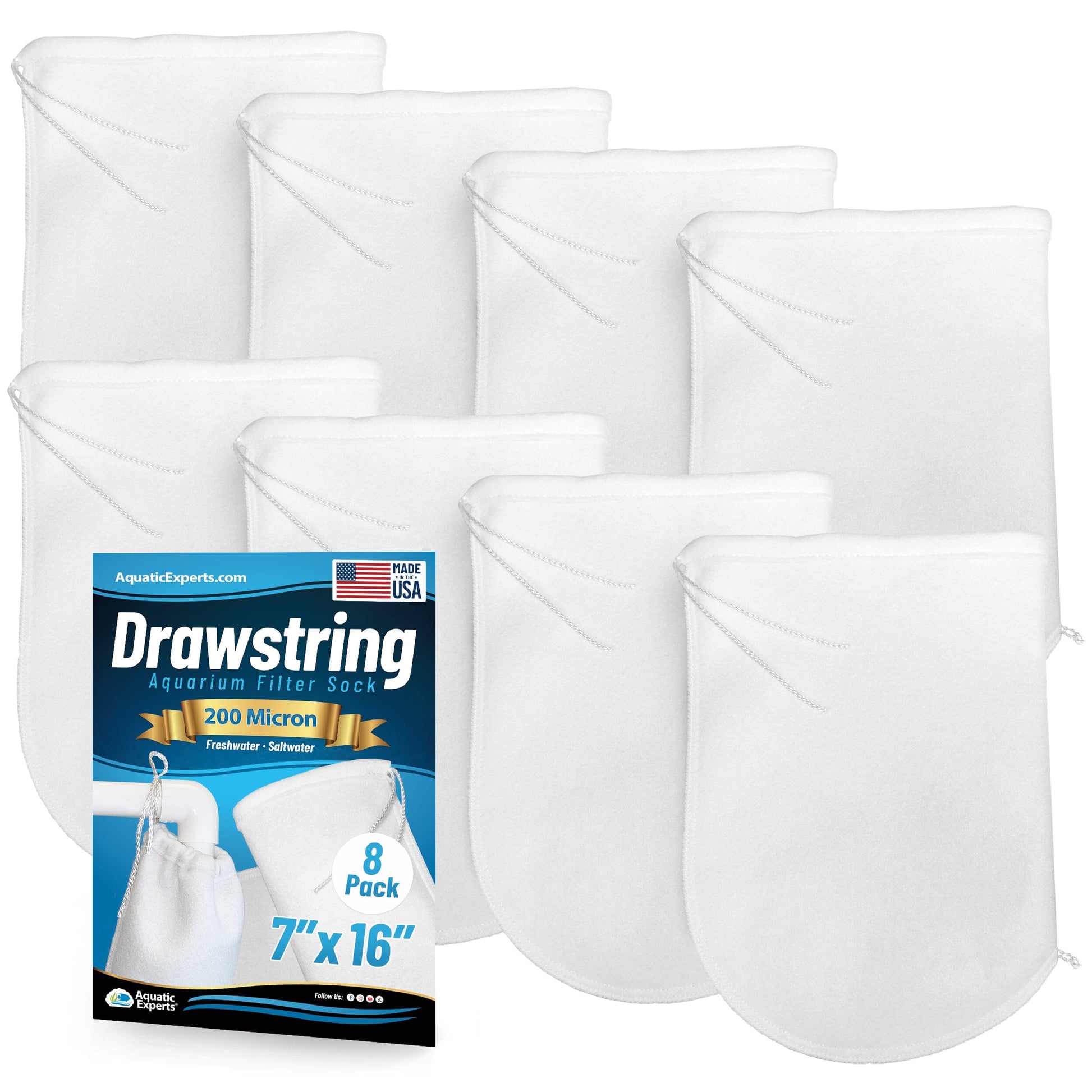 Aquatic Experts Drawstring Filter Sock 200 Micron for Saltwater & Reef AquariumsAquarium Filter Sock 200 Micron for Saltwater & Reef Aquariums 7" Opening 16" 8 Pack Aquatic Experts