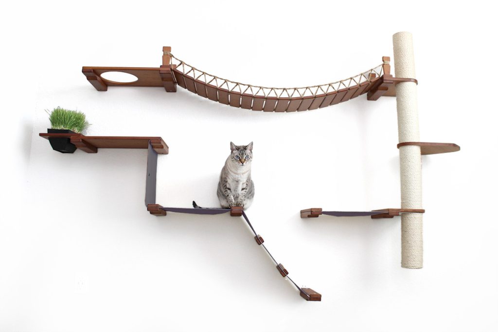 The Expedition - Cat Jungle Gym Wall System English Chestnut Bamboo Charcoal Gray Canvas Planter Cat Condo Catastrophic Creations