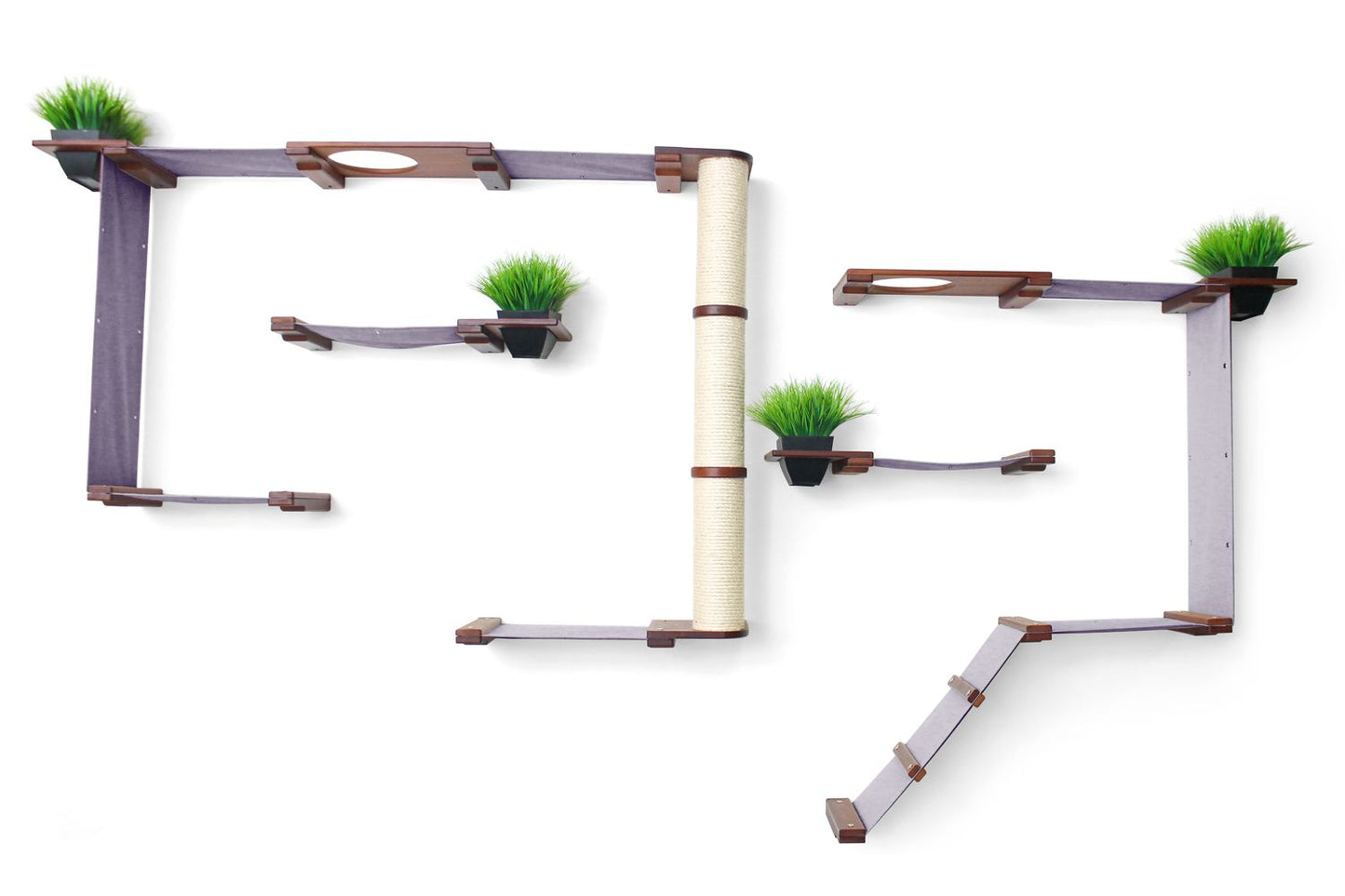 The Gardens - Modern Cat Tree with Plants English Chestnut Bamboo Charcoal Gray Canvas Cat Condo Catastrophic Creations
