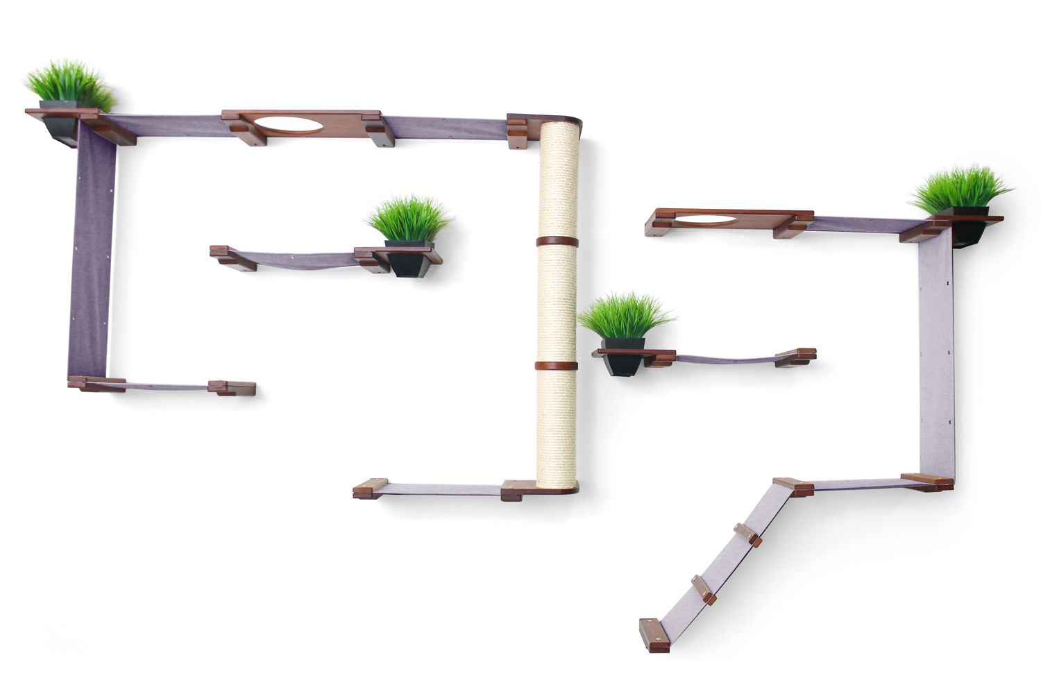 The Gardens - Modern Cat Tree with Plants English Chestnut Bamboo Charcoal Gray Canvas Cat Condo Catastrophic Creations