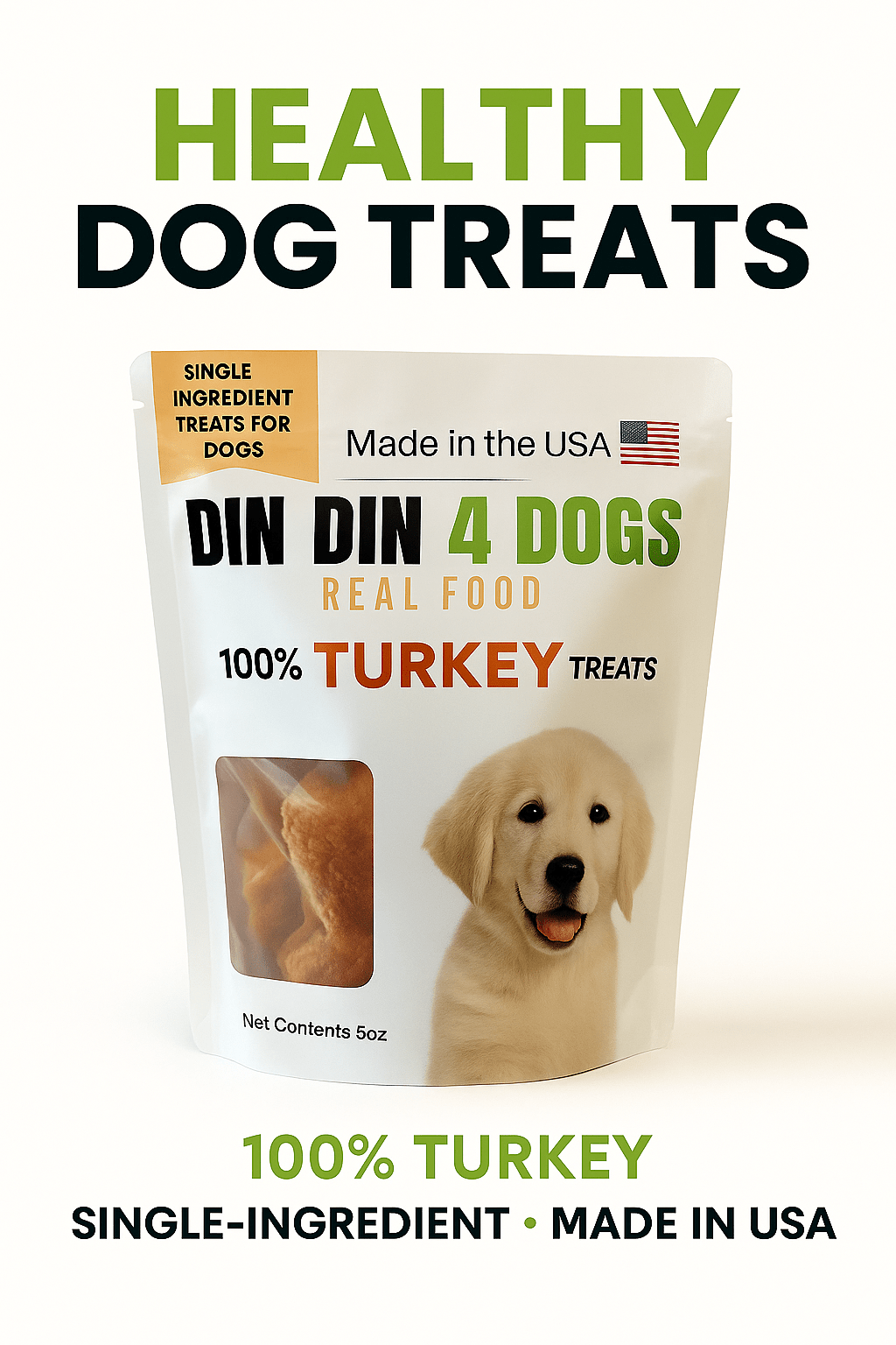 100% Turkey Dog Treats, 5 Ounce Bag, Single Ingredient, High Protein Treat Din Din 4 Dogs