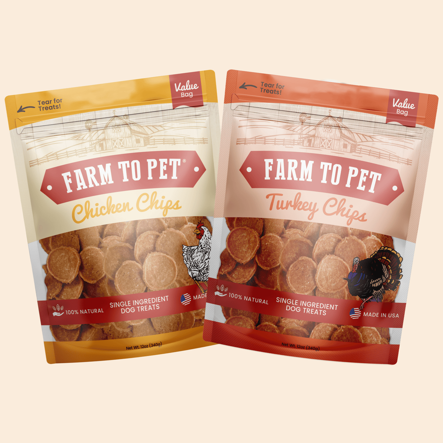 Turkey & Chicken Chip Dog Treat Duo | Single-Ingredient Poultry Treats for Dogs Value 12oz Bundle Chip Farm To Pet