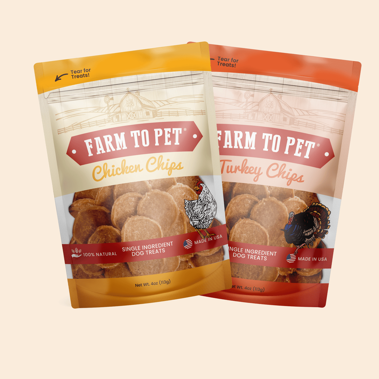 Turkey & Chicken Chip Dog Treat Duo | Single-Ingredient Poultry Treats for Dogs Standard 4oz Bundle Chip Farm To Pet