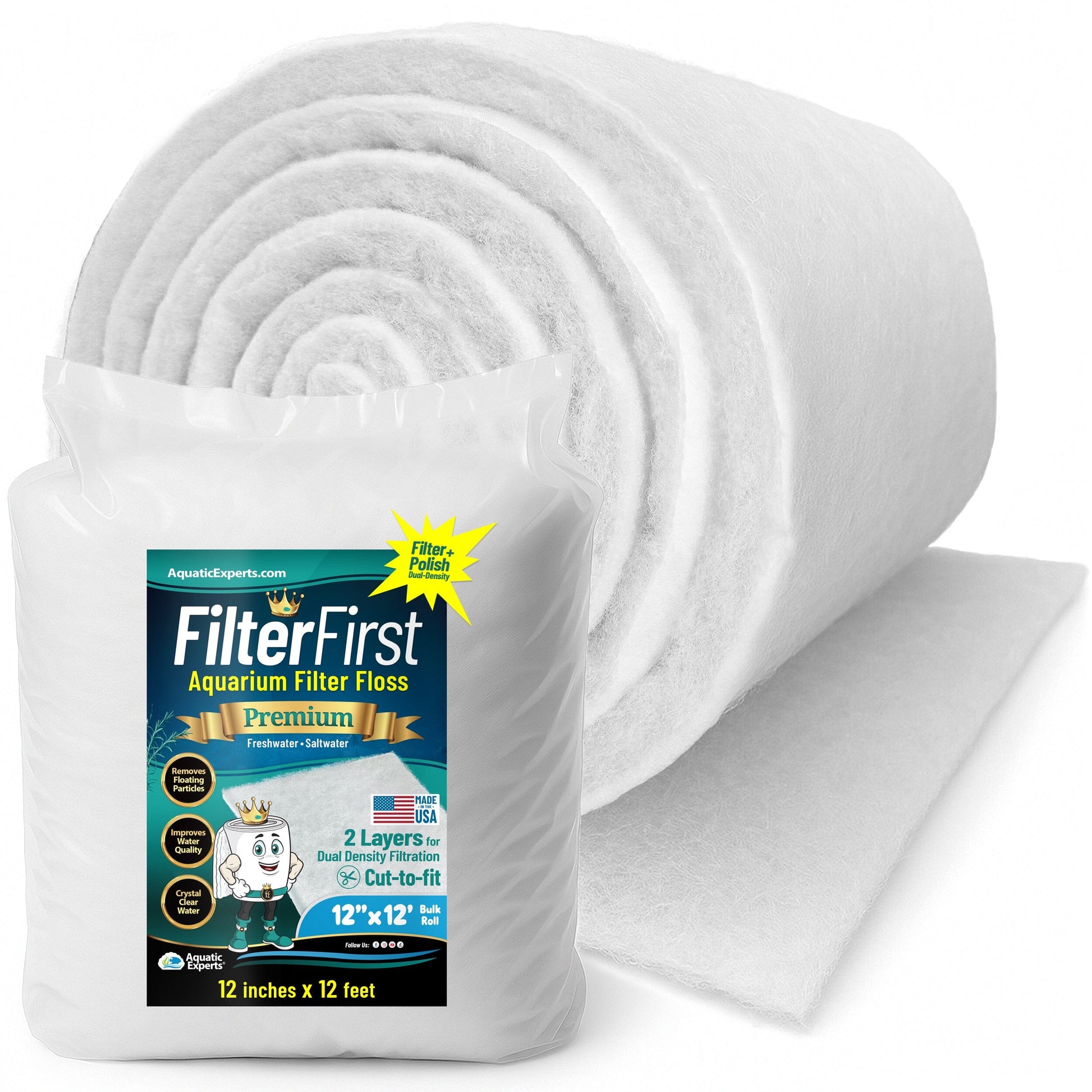 Aquarium Filter Floss for Fish Tank Filters - FilterFirst Pad - Media Roll for Crystal Clear Water 3 4" - 1" 12" x 12' Aquatic Experts