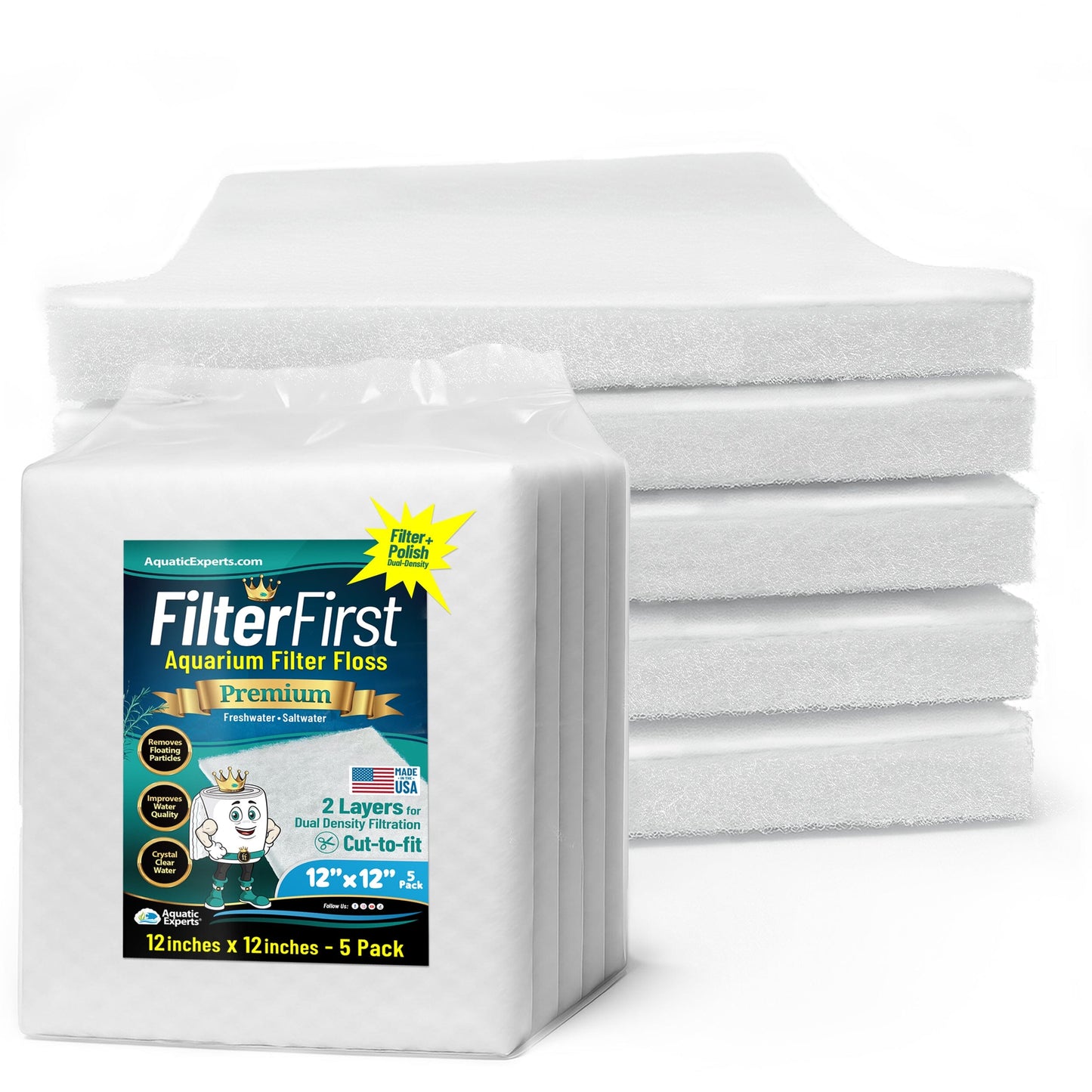 Aquarium Filter Floss for Fish Tank Filters - FilterFirst Pad - Media Roll for Crystal Clear Water 3 4" - 1" 12" x 12" - 5 pack Aquatic Experts