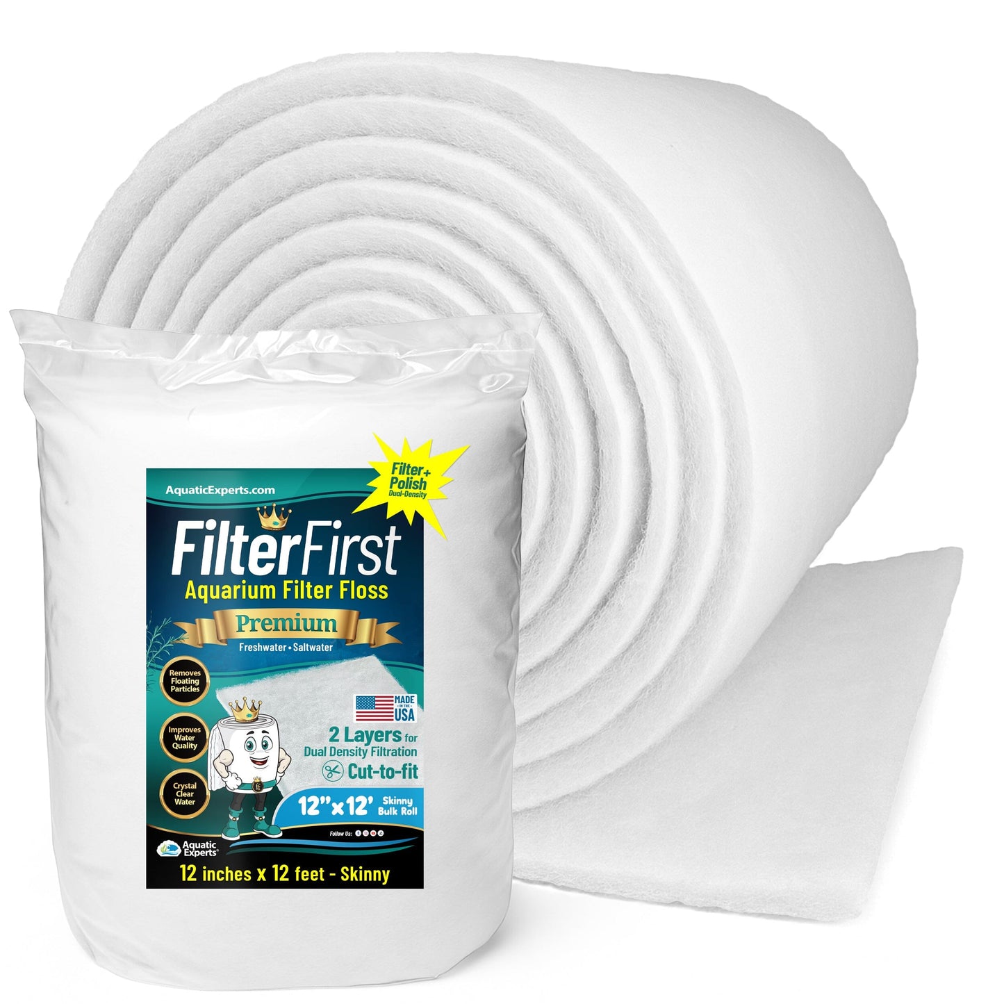 Aquarium Filter Floss for Fish Tank Filters - FilterFirst Pad - Media Roll for Crystal Clear Water 0.5" 12" x 12' Aquatic Experts