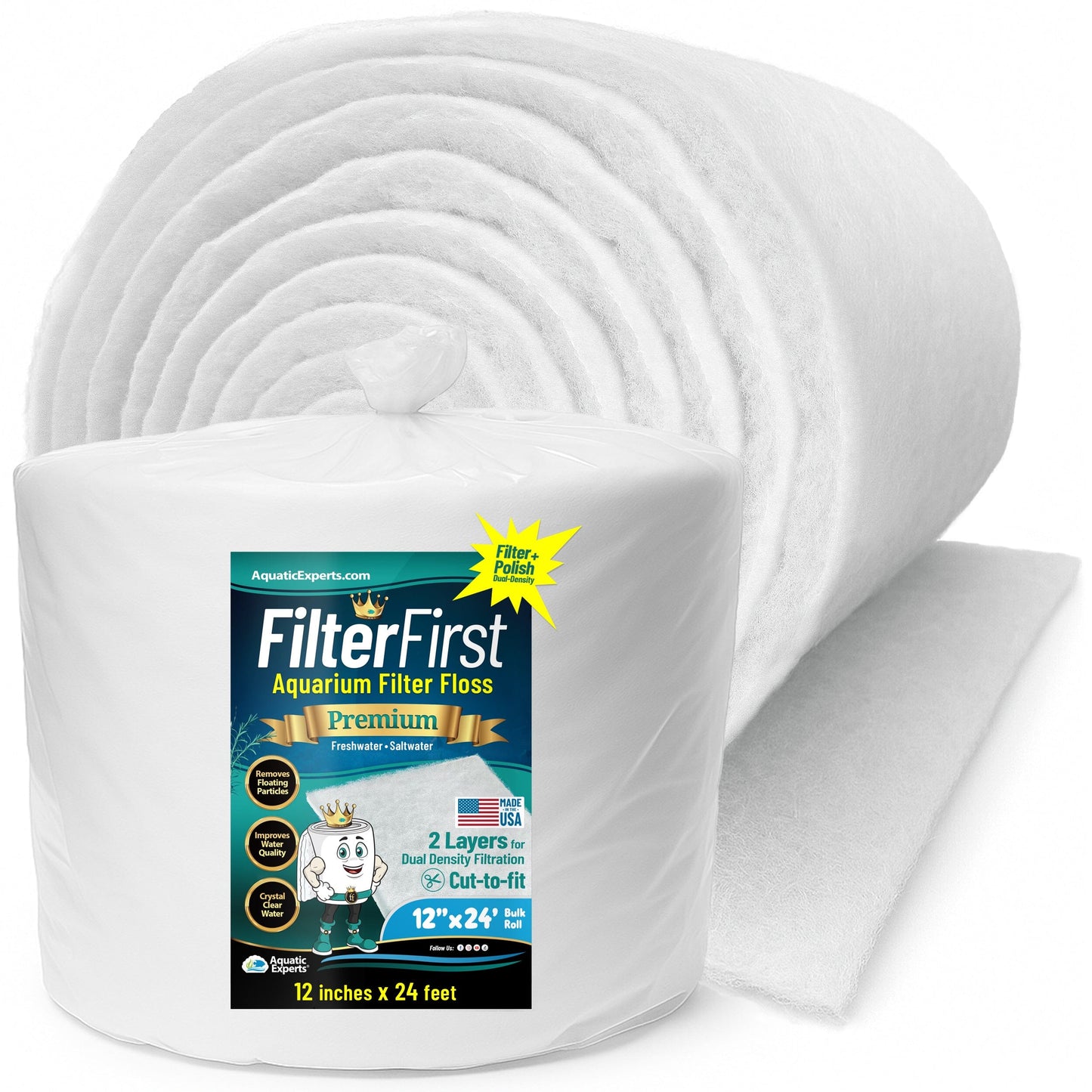 Aquarium Filter Floss for Fish Tank Filters - FilterFirst Pad - Media Roll for Crystal Clear Water 3 4" - 1" 12" x 24' Aquatic Experts