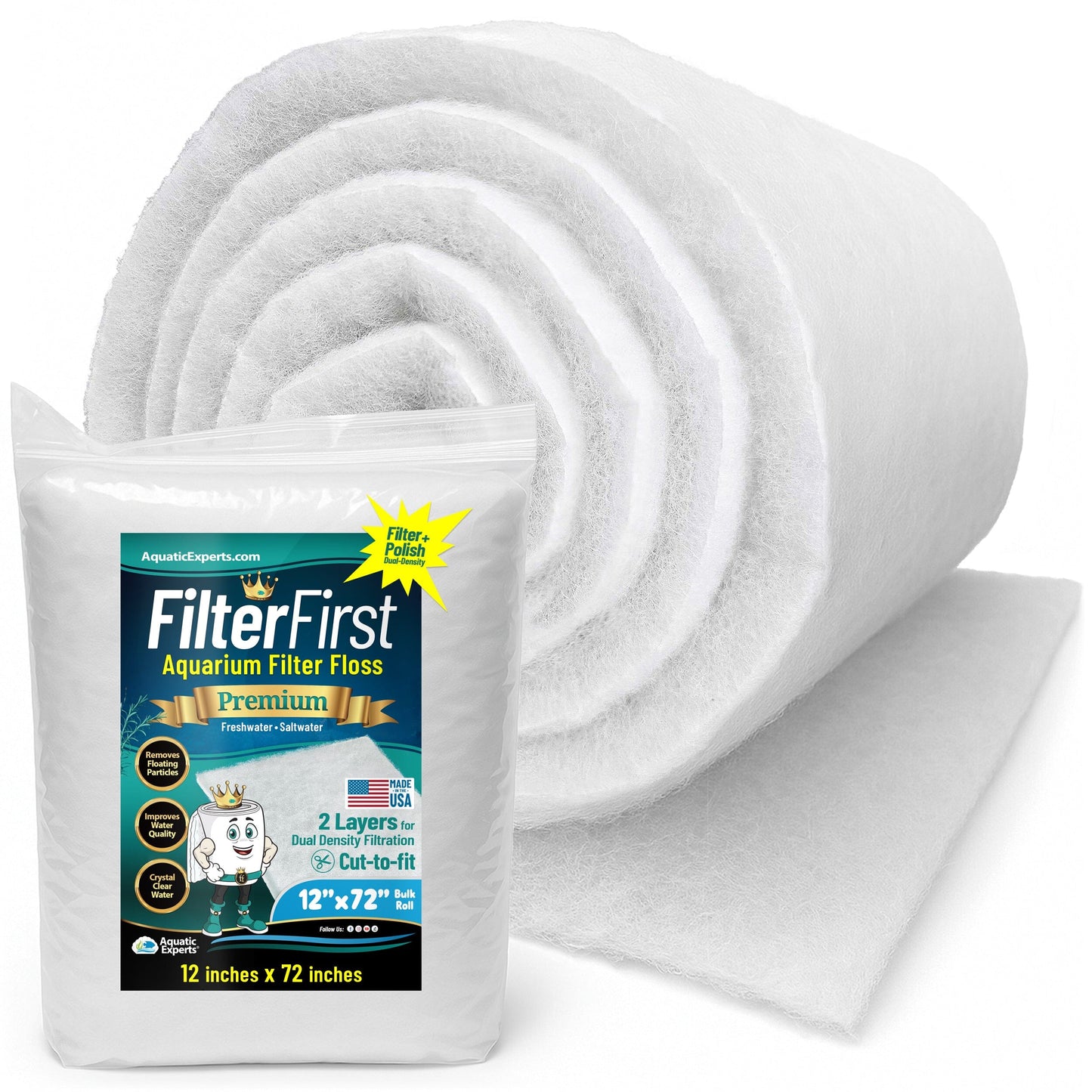 Aquarium Filter Floss for Fish Tank Filters - FilterFirst Pad - Media Roll for Crystal Clear Water 3 4" - 1" 12" x 72" Aquatic Experts
