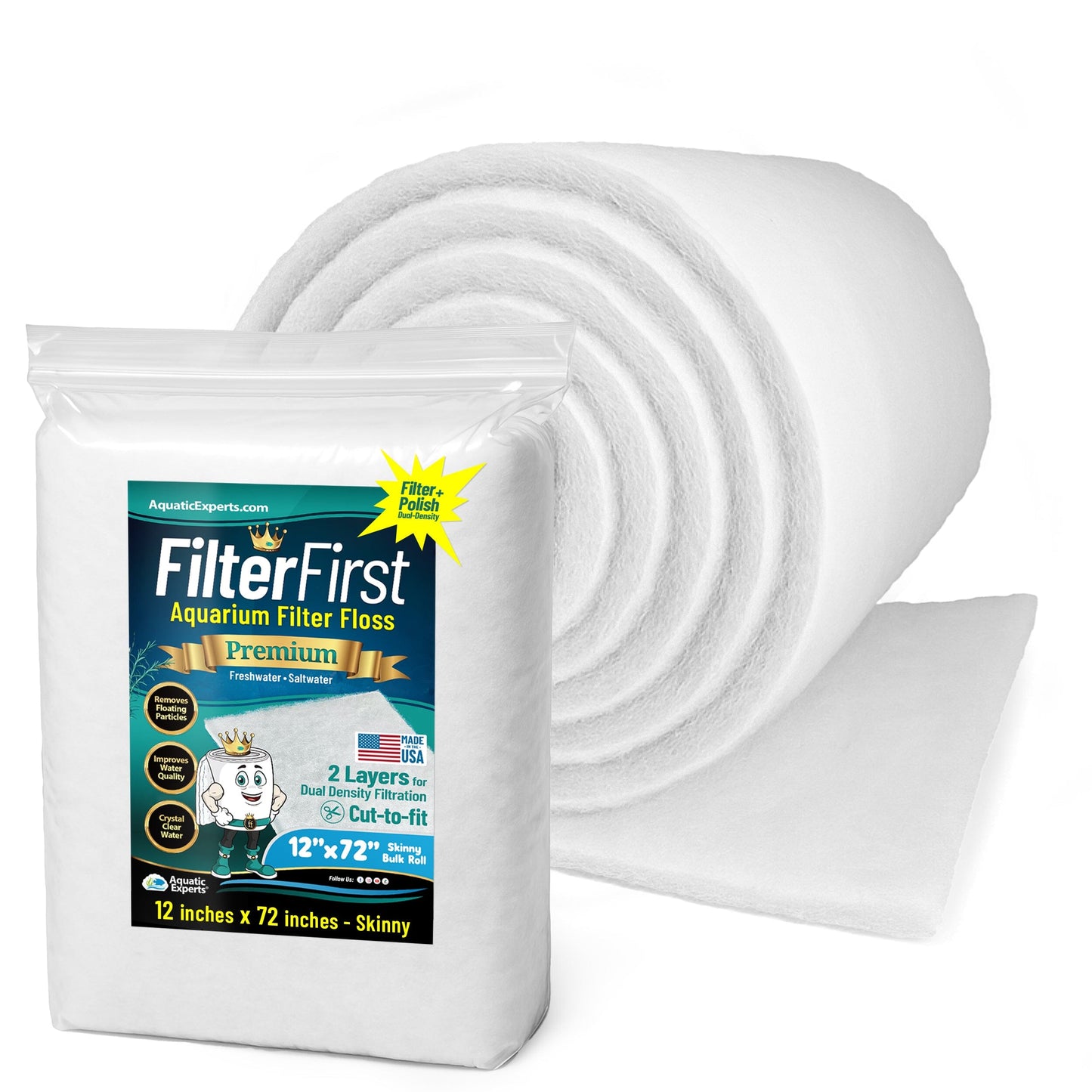Aquarium Filter Floss for Fish Tank Filters - FilterFirst Pad - Media Roll for Crystal Clear Water 0.5" 12" x 72" Aquatic Experts