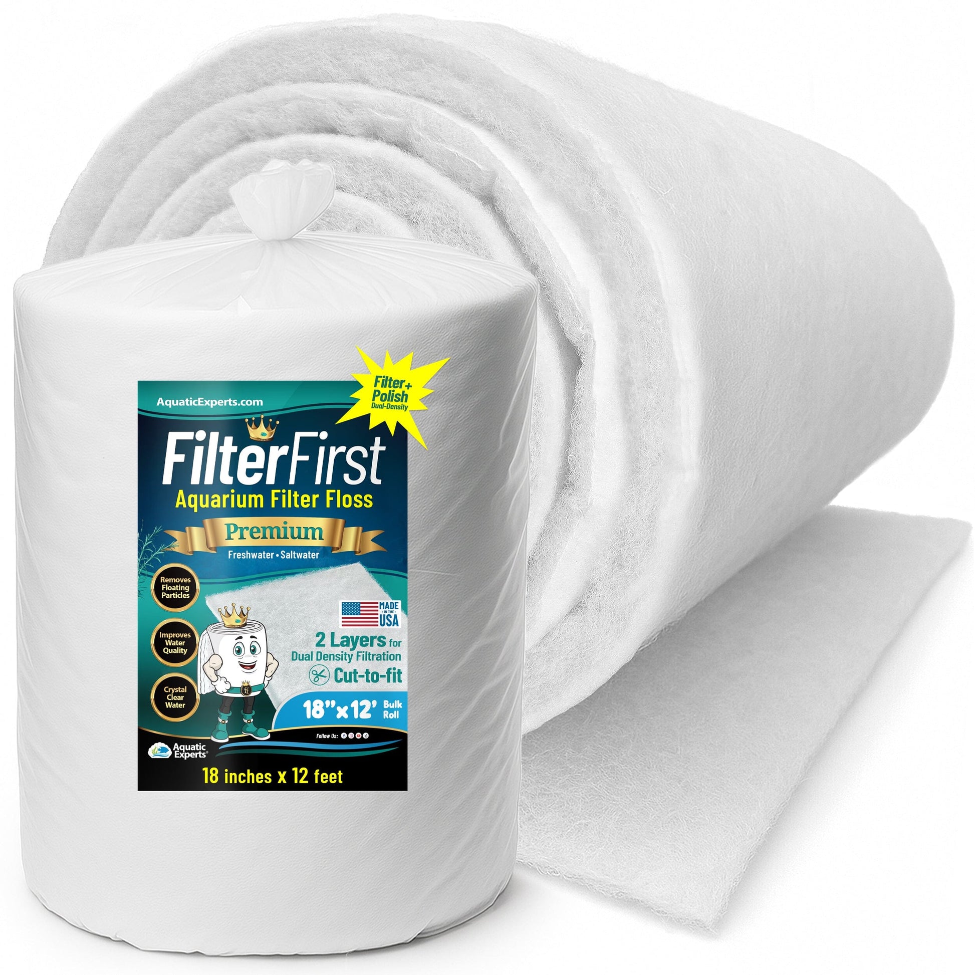 Aquarium Filter Floss for Fish Tank Filters - FilterFirst Pad - Media Roll for Crystal Clear Water 3 4" - 1" 18" x 12' Aquatic Experts