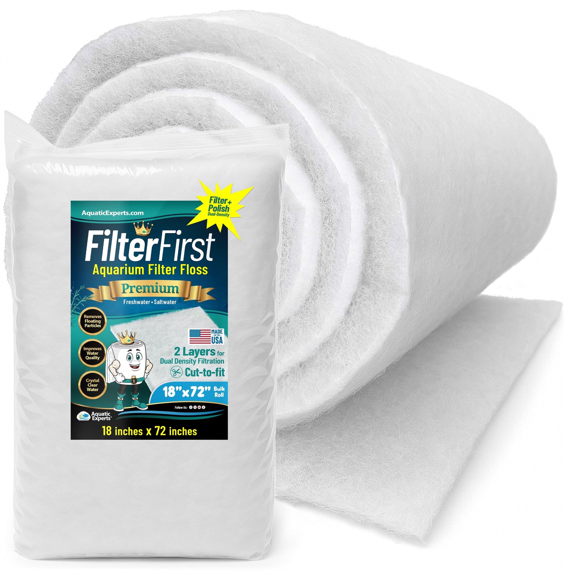 Aquarium Filter Floss for Fish Tank Filters - FilterFirst Pad - Media Roll for Crystal Clear Water 3 4" - 1" 18" x 72" Aquatic Experts