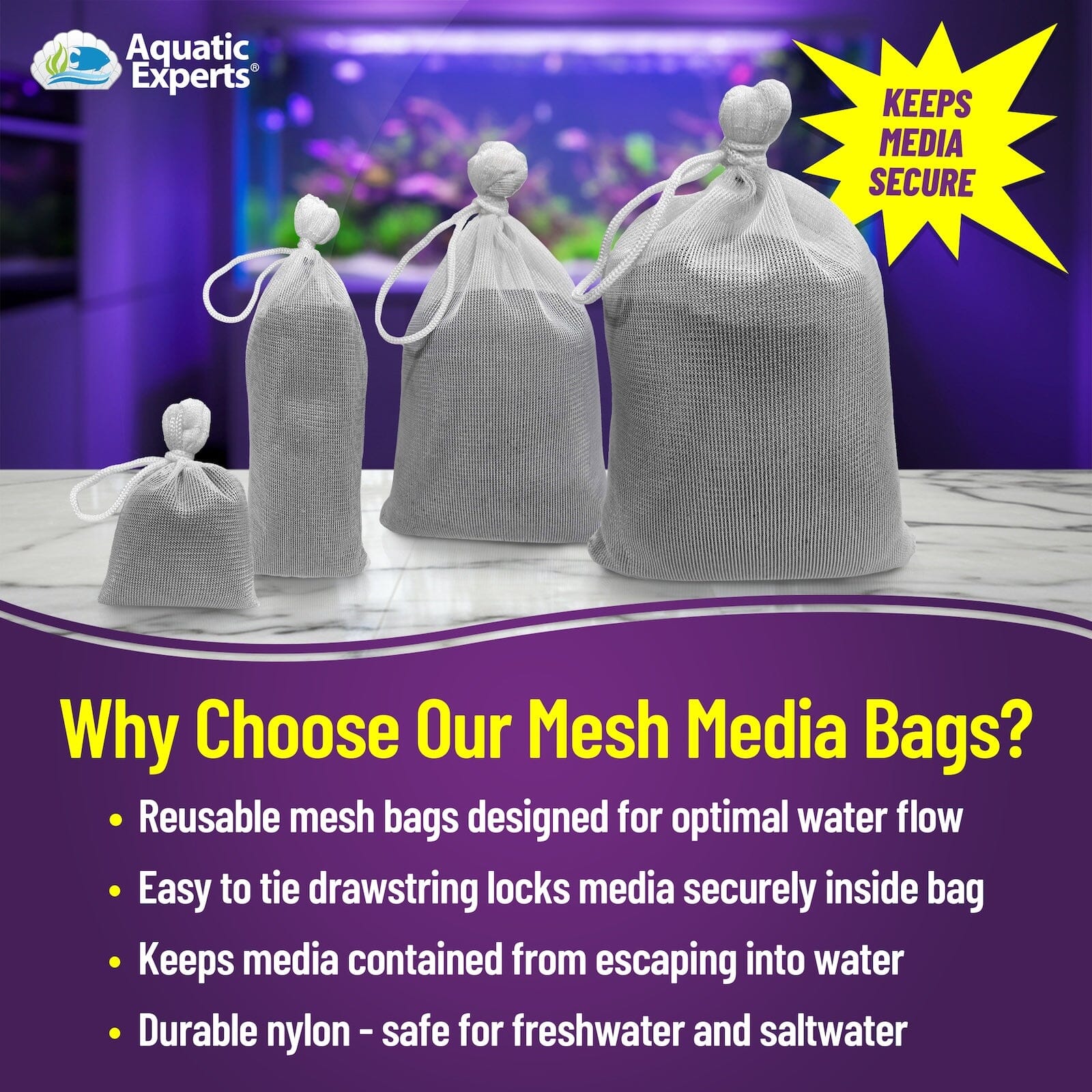 Aquatic Experts Aquarium Mesh Bag - Fine Mesh Media Bags - Perfect for Efficient Aquarium Filtration Aquatic Experts