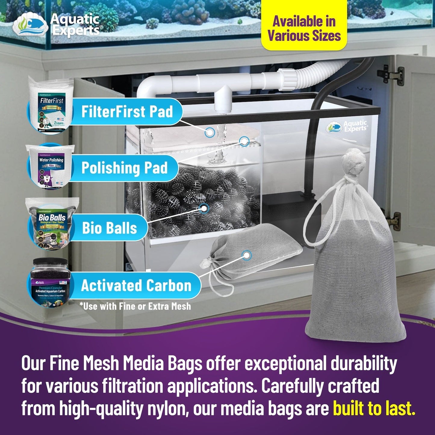 Aquatic Experts Aquarium Mesh Bag - Fine Mesh Media Bags - Perfect for Efficient Aquarium Filtration Aquatic Experts