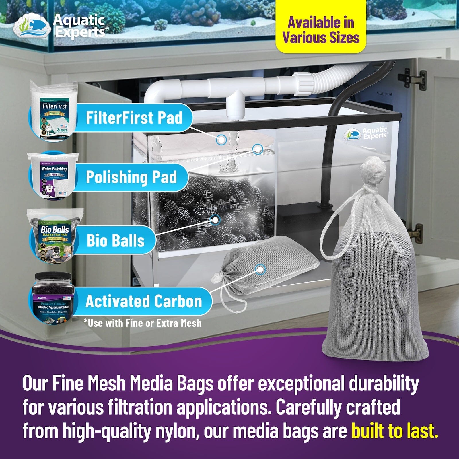 Aquatic Experts Aquarium Mesh Bag - Fine Mesh Media Bags - Perfect for Efficient Aquarium Filtration Aquatic Experts