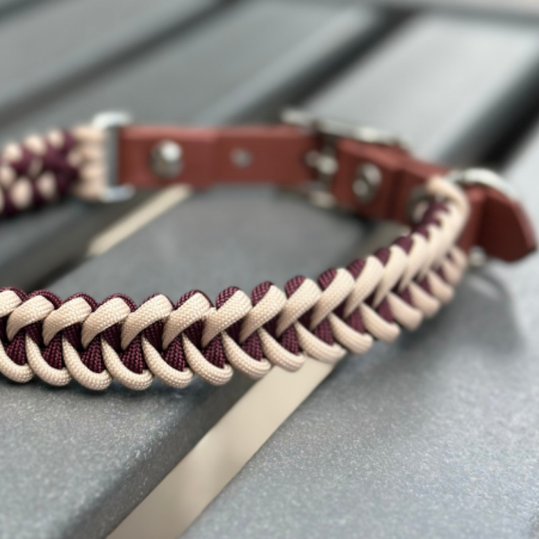 Fishtail Hand Braided Dog Collar in Burgundy & Cream Handmade Braided Collars Pawsh Pup Co.