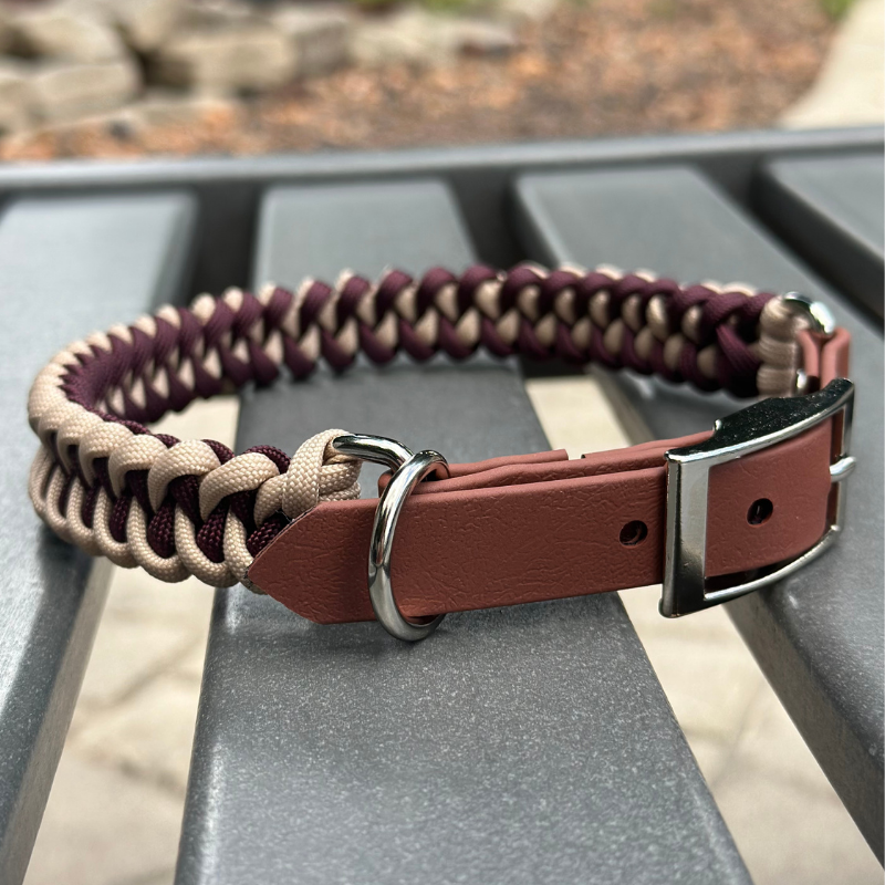 Fishtail Hand Braided Dog Collar in Burgundy & Cream Handmade Braided Collars Pawsh Pup Co.