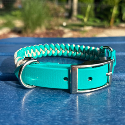 Fishtail Hand Braided Dog Collar in Teal & Cream Handmade Braided Collars Pawsh Pup Co.