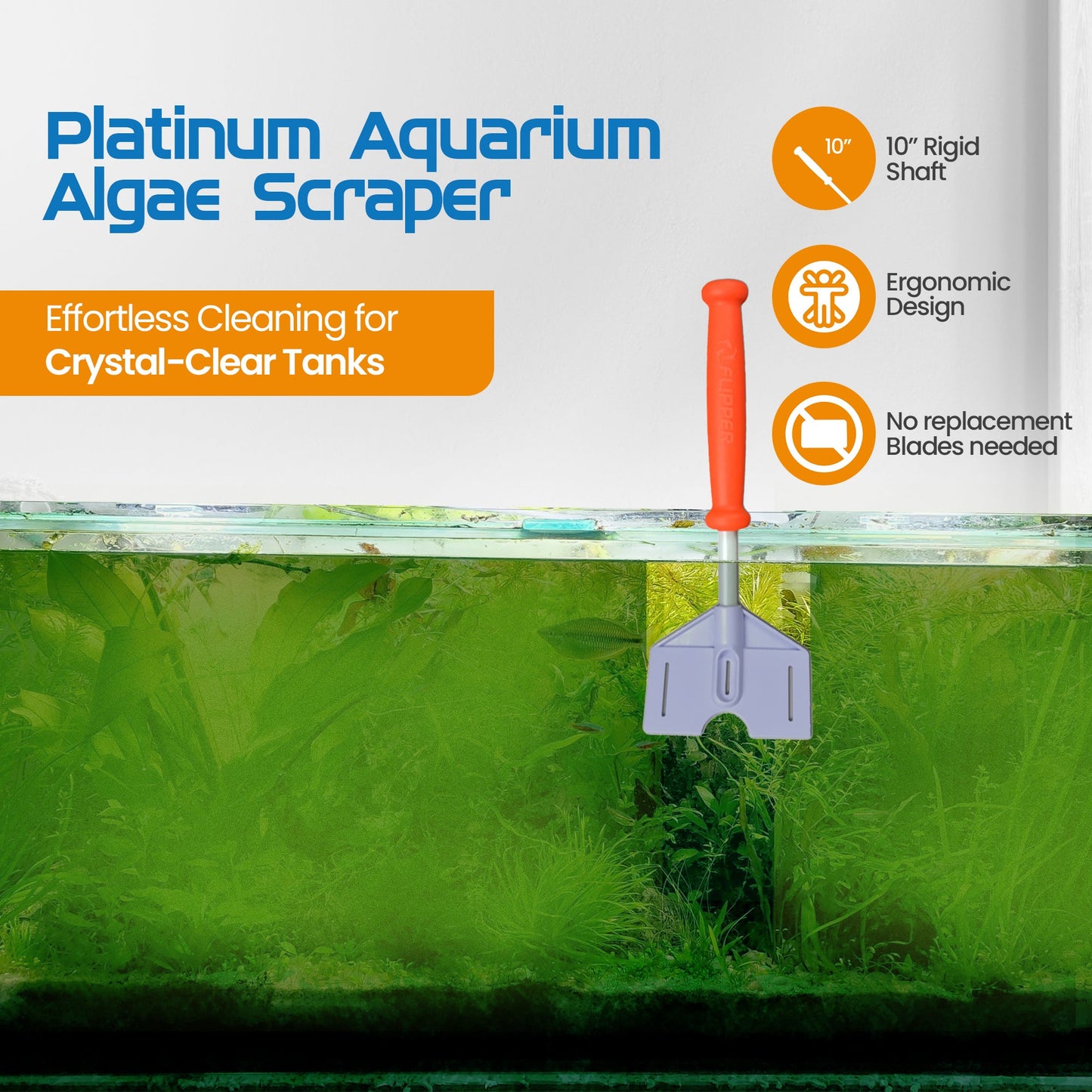 Flipper Platinum Aquarium Algae Scraper - 10" Hand Held Scraper Flipper Aquarium Products