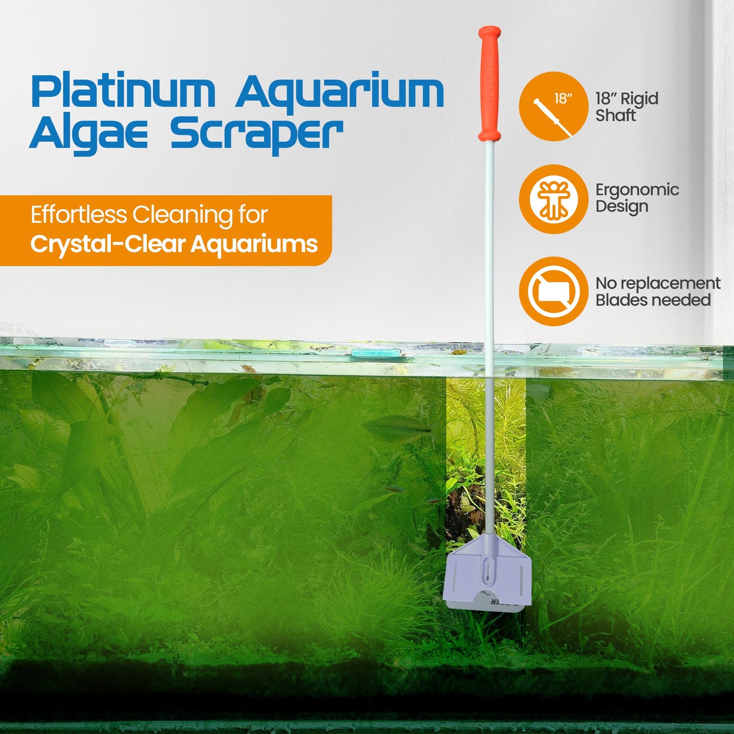 Flipper Platinum Aquarium Algae Scraper - 18" Hand Held Scraper Flipper Aquarium Products