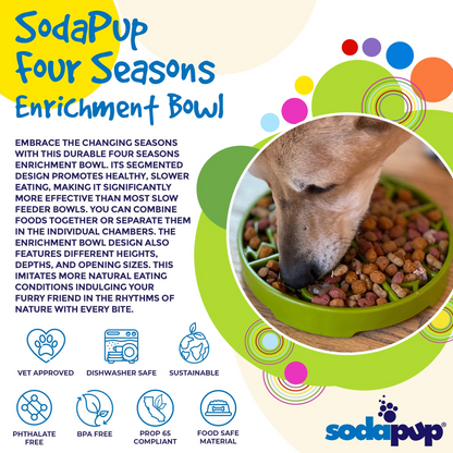 Image of an informational add about benefits of an enrichment bowl by sodapup. 