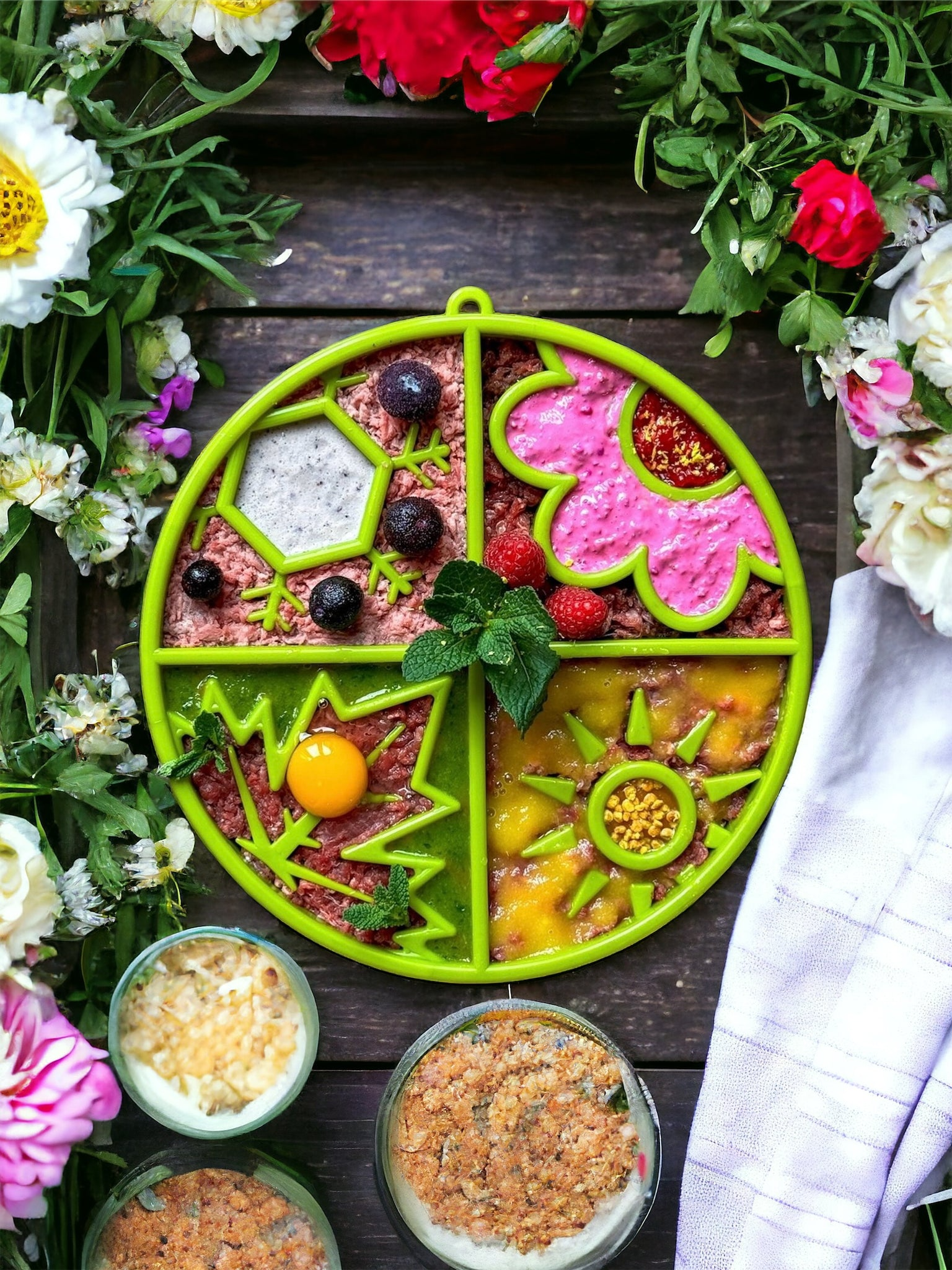 Image of a green four season enrichment bowl filled with various foods 