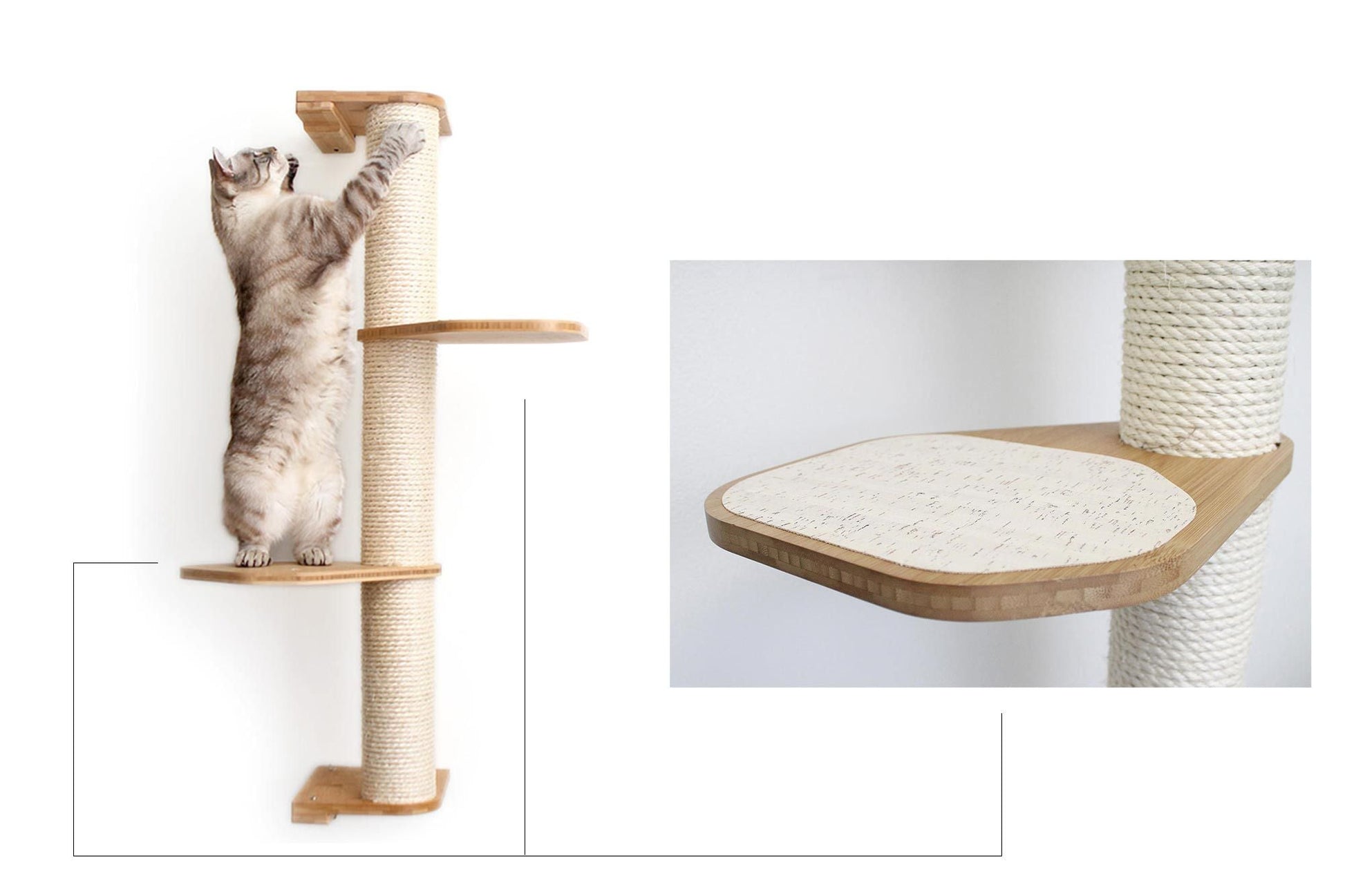Wall Mounted Cat Climbing Pole - Sisal Natural Bamboo 3-Tier Leaf Shelf Natural Cork Pad Cat Scratcher Catastrophic Creations