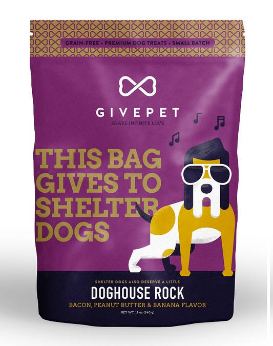 A purple package of 'Doghouse Rock' grain-free dog treats with a stylized dog and musical notes.