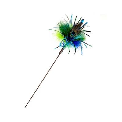 Image of a cat toy with a blue, green and yellow peacock feather 