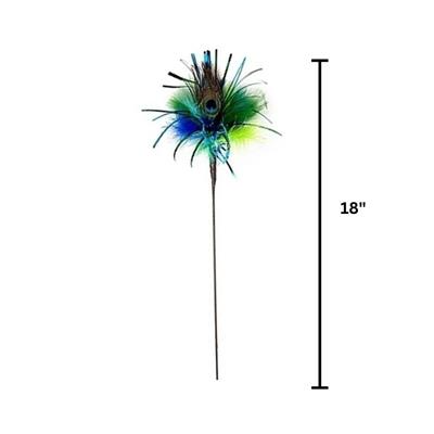 Image of a cat toy with a blue, green and yellow peacock feather 