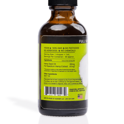 Image of a tincture with a yellow label for Hemp Extract listing ingredients and dosage