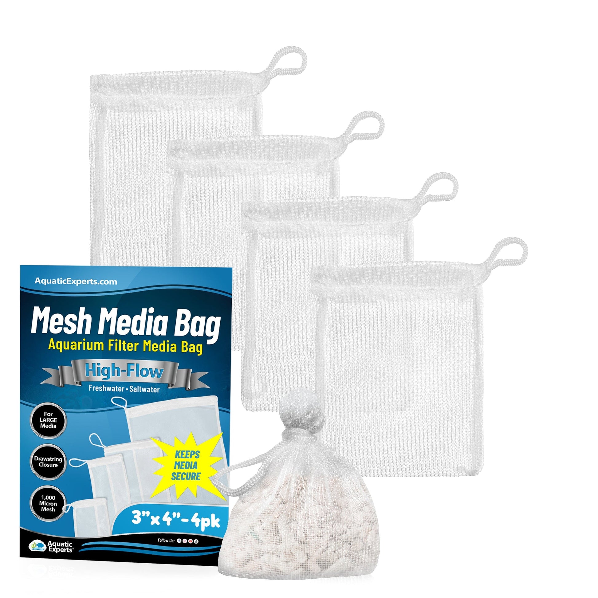 Aquatic Experts Aquarium Filter Bag - High Flow Mesh Media Bags - Ideal for Efficient Aquarium Filtration White 3" x 4" 4 Pack Aquatic Experts