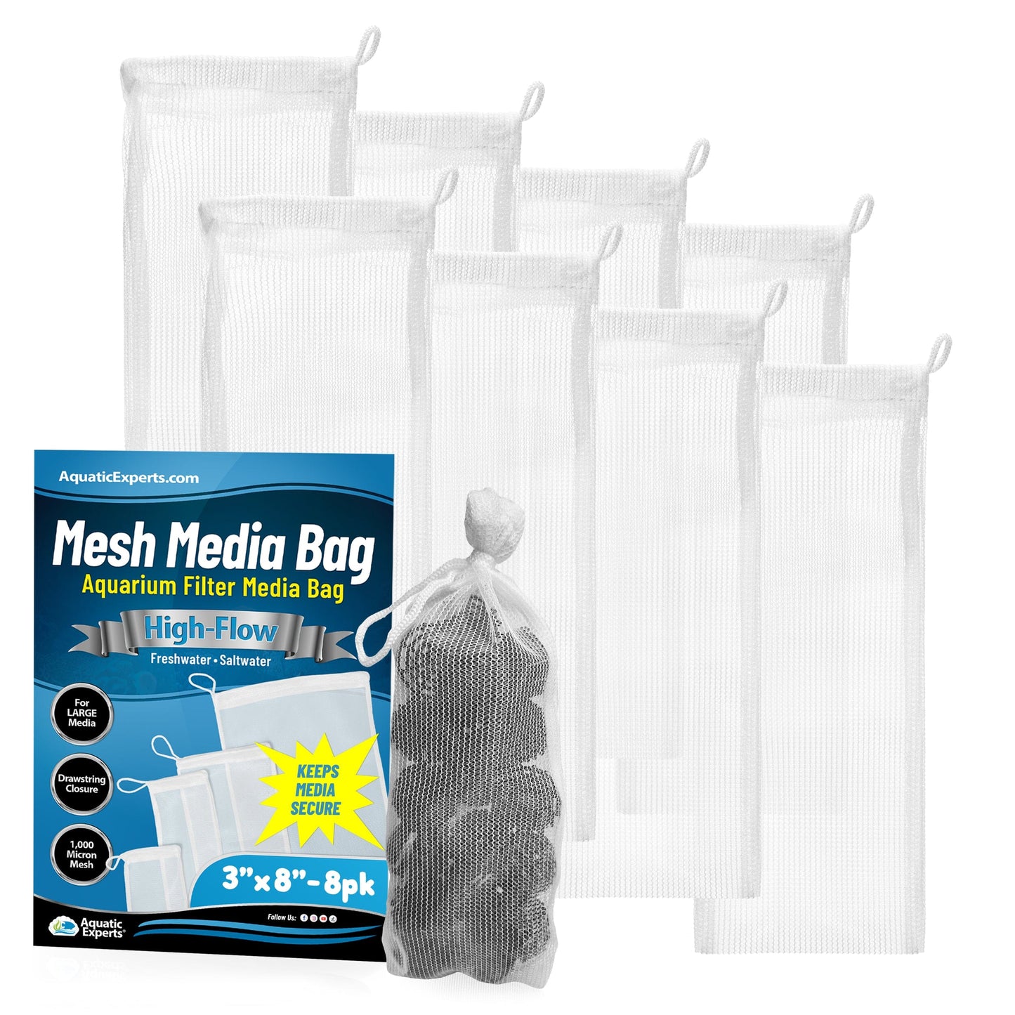 Aquatic Experts Aquarium Filter Bag - High Flow Mesh Media Bags - Ideal for Efficient Aquarium Filtration White 3" x 8" 8 Pack Aquatic Experts