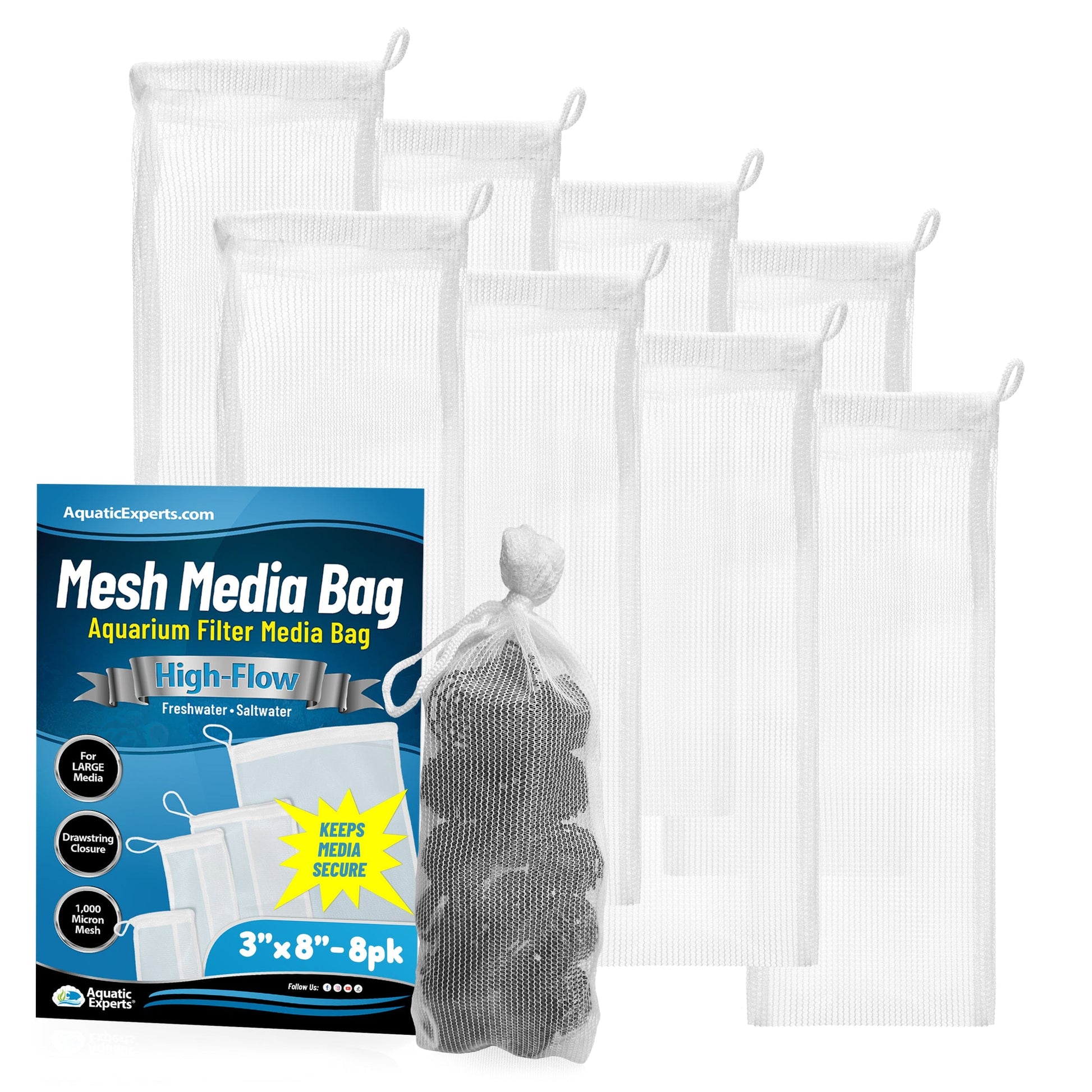 Aquatic Experts Aquarium Filter Bag - High Flow Mesh Media Bags - Ideal for Efficient Aquarium Filtration White 3" x 8" 8 Pack Aquatic Experts