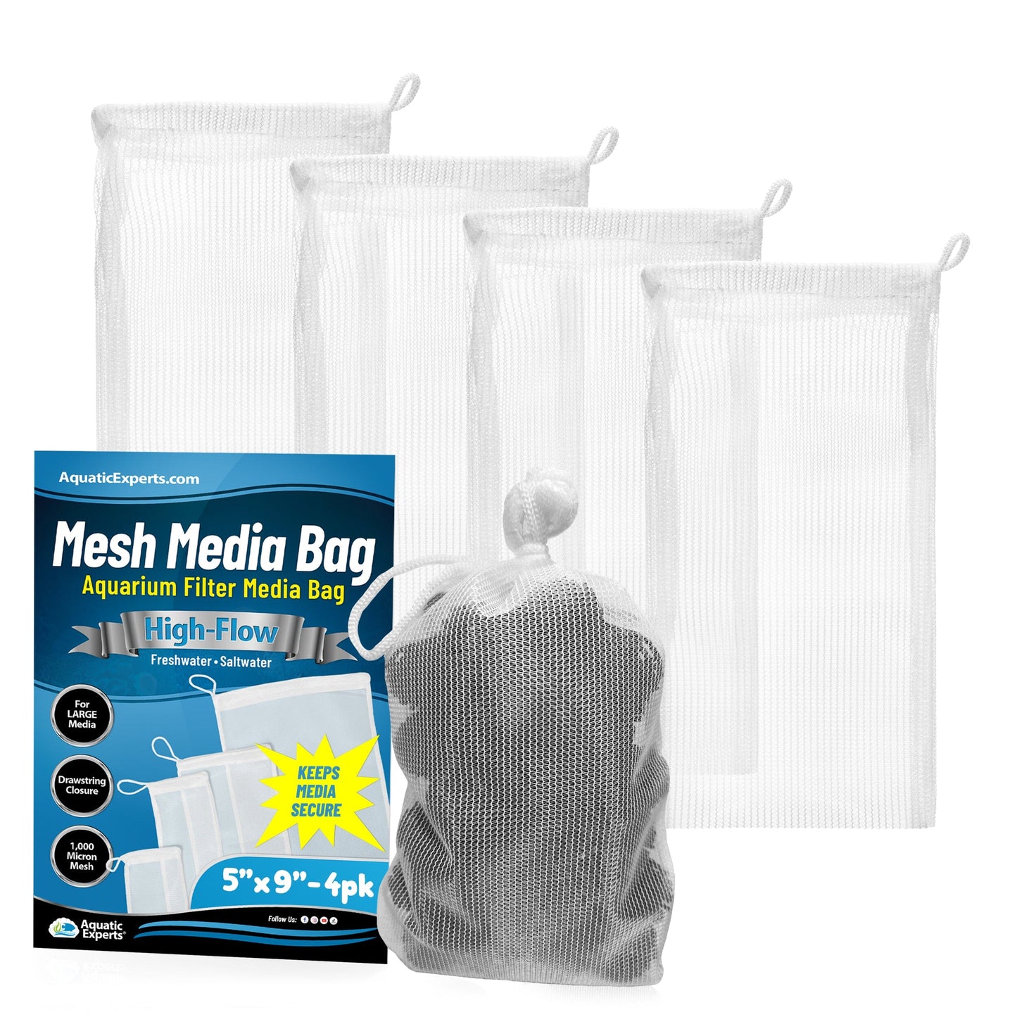 Aquatic Experts Aquarium Filter Bag - High Flow Mesh Media Bags - Ideal for Efficient Aquarium Filtration White 5" x 9" 4 Pack Aquatic Experts