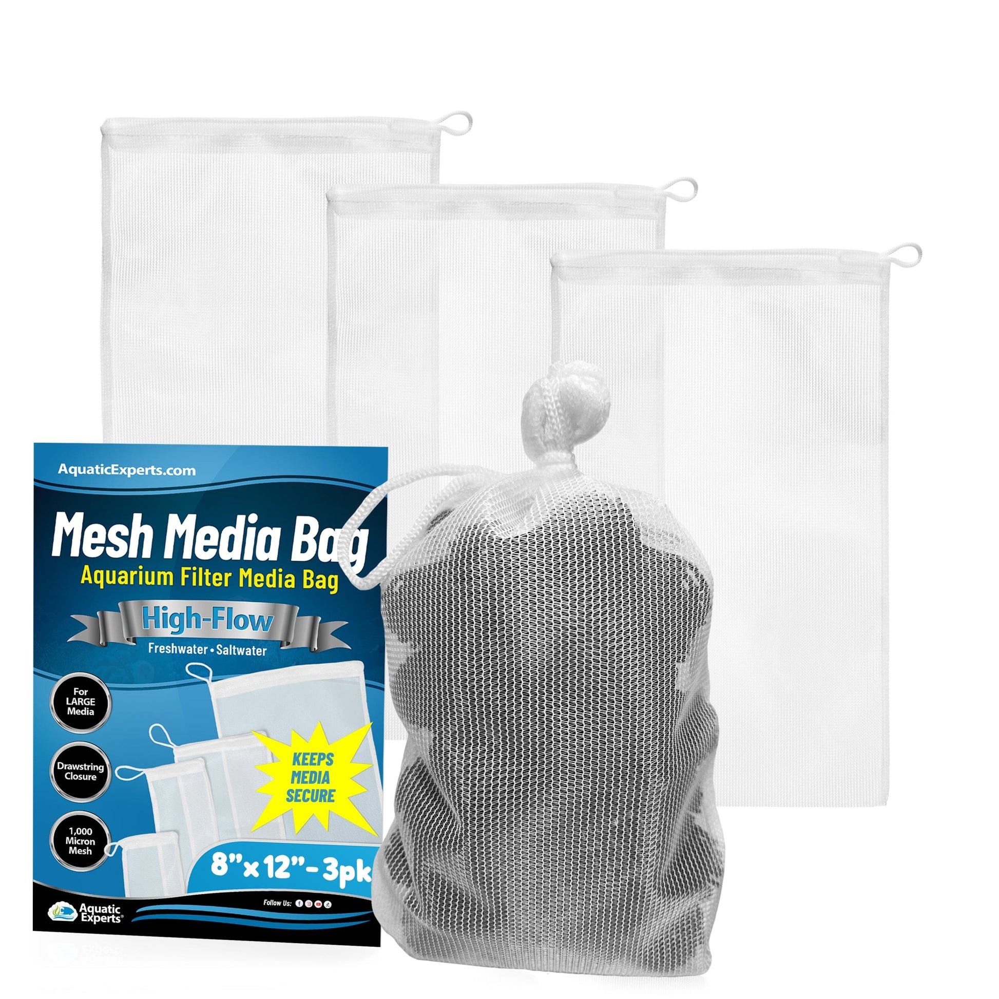 Aquatic Experts Aquarium Filter Bag - High Flow Mesh Media Bags - Ideal for Efficient Aquarium Filtration White 8" x 12" 3 Pack Aquatic Experts