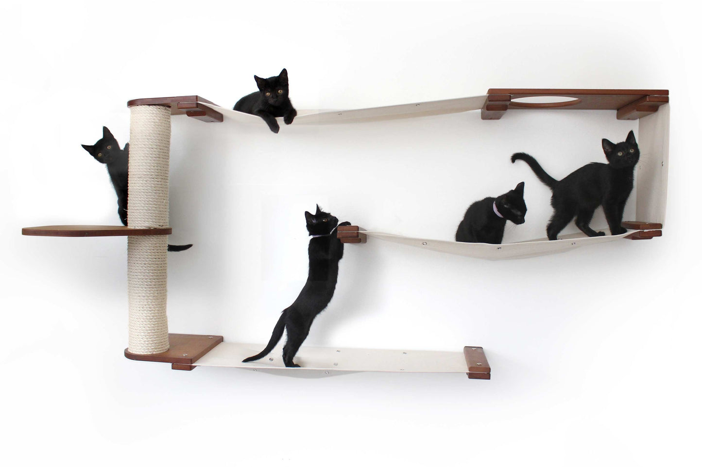 Cat Maze Wall - 3 Tier Cat Tree English Chestnut Bamboo Natural Canvas Pole and Leaf Shelf Cat Condo Catastrophic Creations