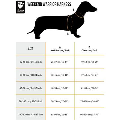 Size chart for “Weekend Warrior Harness” detailing neck and chest measurements 