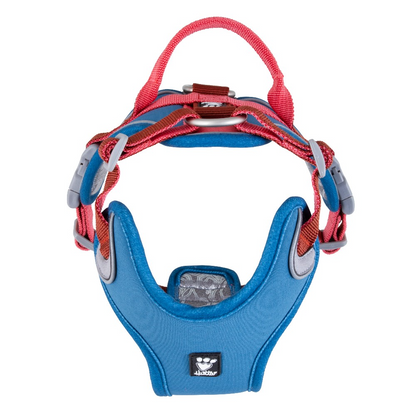 Blue and red dog harness with adjustable straps and clip on a white background 