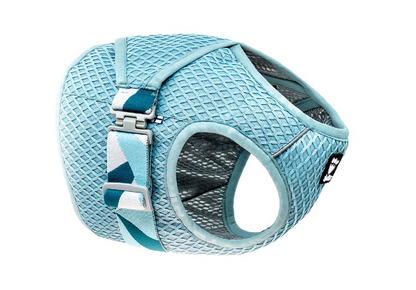 light blue mesh fabric dog harness with adjustable straps and buckle on a white background