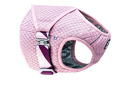 light pink mesh fabric dog harness with adjustable straps and buckle on a white background 