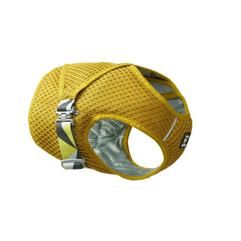 yellow mesh fabric dog harness with adjustable straps and buckle on a white background