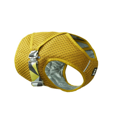 yellow mesh fabric dog harness with adjustable straps and buckle on a white background