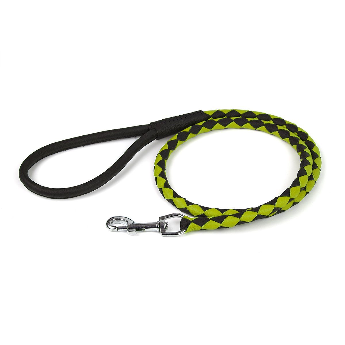 Soft Leather Dual-Color Braided Round Lead Black Lime Green 1 4" Dog Leashes Dogline
